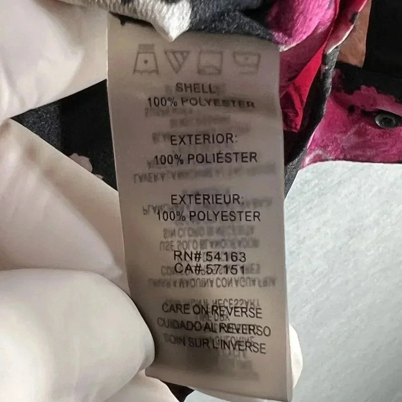 Calvin Klein Women L Black Pink Floral Button-Up Blouse Long Roll Tab Sleeve Top - Picture 15 of 16